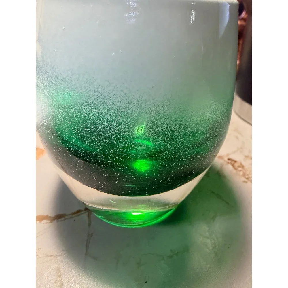 Hand Blown Art Glass Votive Candle Holder Green White Ombre Frosted Cased Glass